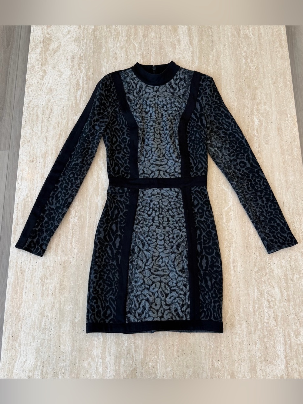 Bebe Carolina Leopard Black and Gray Mock Neck Dress
